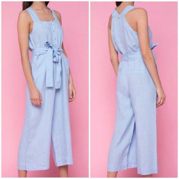 Juicy Couture Sz XS Blue Washed LINEN Cropped Jumpsuit Belted Pocket Wide Leg - Picture 1 of 13